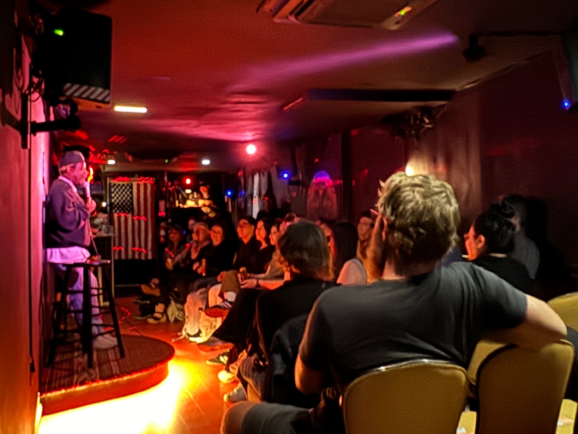 Comedian performing for a packed room